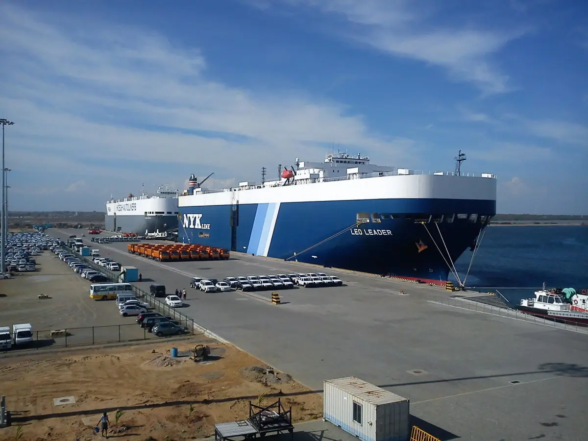 A large car carrier moored at Hambantota Port